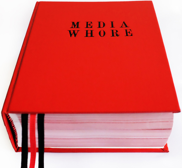 Natascha Stellmach, Media Whore, 2010, hand-bound artist book, 440 pages, digital printing on paper, ribbon, faux leather, 16 x 13 x 6 cm